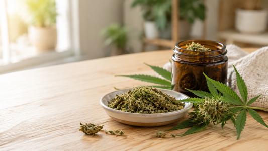 CBD trim and shake in a ceramic dish with hemp leaves and an amber glass jar on a natural wooden table.