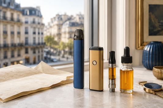 Unbranded THCX disposable vape, rechargeable device, cartridge and amber e-liquid displayed beside a window overlooking a European city.