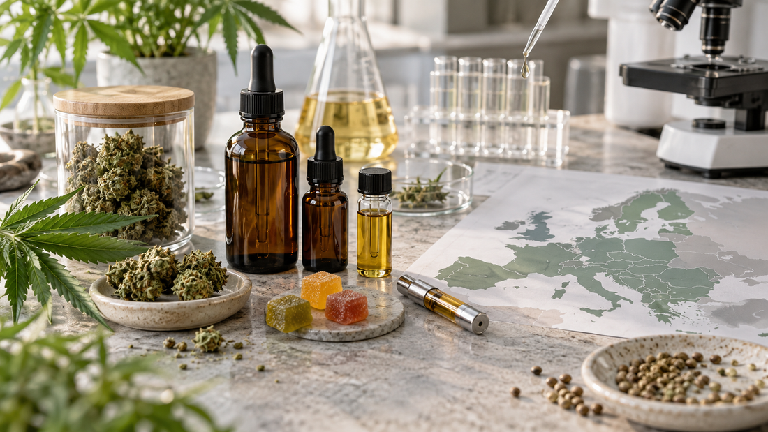 Legal THC alternatives in Europe displayed with cannabinoid oils, gummies, hemp flower, laboratory equipment and a map of Europe.