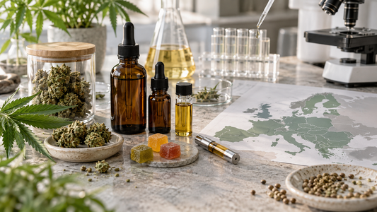 Legal THC alternatives in Europe displayed with cannabinoid oils, gummies, hemp flower, laboratory equipment and a map of Europe.