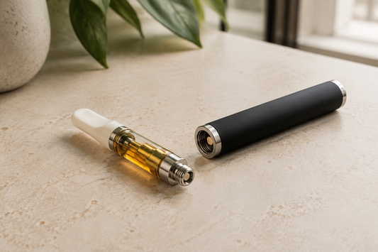 “A transparent amber-filled 1 ml vape cartridge beside a disconnected black 510-thread battery on a softly lit stone tabletop.”