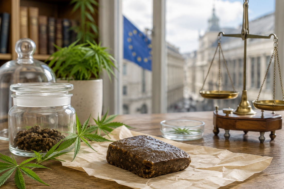 Natural THCX hash displayed with hemp leaves, laboratory glassware and legal scales in a European setting, representing a complete 2026 guide.