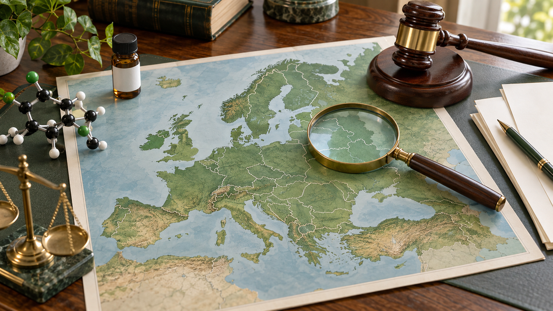 Map of Europe with a cannabinoid sample, molecular model, magnifying glass, legal scales and judge’s gavel representing THCP laws in 2026.