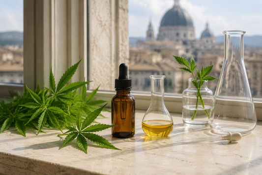 Fresh hemp leaves, an unlabelled amber dropper bottle, and golden botanical extract arranged with laboratory glassware overlooking a historic European city.
