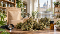 Premium CBD flower buds displayed with quality-inspection tools and sustainable packaging in a natural European botanical shop.
