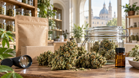 Premium CBD flower buds displayed with quality-inspection tools and sustainable packaging in a natural European botanical shop.