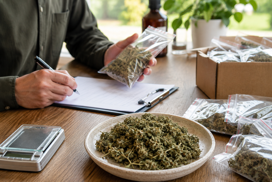 A buyer inspects a sealed bag of dried CBD hemp trim while recording details on a clipboard, with packaged hemp material, a digital scale, and a sample dish on a wooden table.