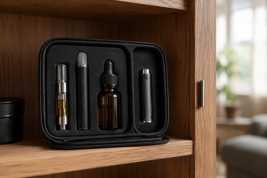 THCX vape cartridge, disposable vape, e-liquid bottle and battery stored upright in a protective case inside a cool, shaded cabinet.
