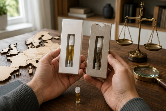 “Adult hands comparing a clean golden-oil cartridge package with a damaged dark-oil product beside a wooden map of Europe, balance scale, and magnifying glass.”