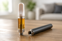 Natural close-up of an HHCP cartridge containing amber oil beside a compatible 510-thread vape battery.