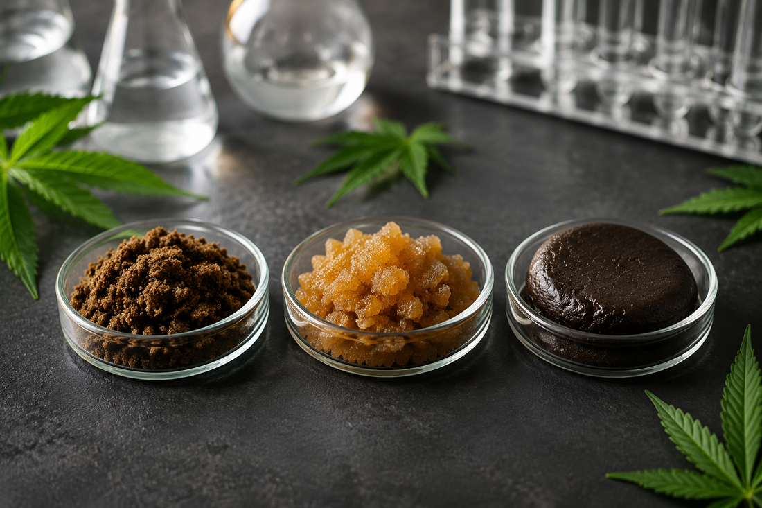 THCX, THCP and HHC hash samples with distinct colours and textures displayed in glass dishes on a laboratory table.