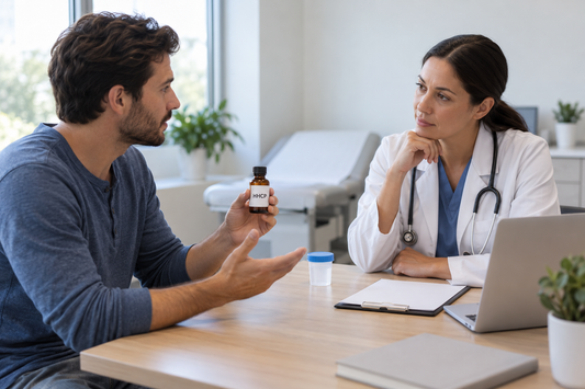 An adult shows an HHCP-labeled bottle to a healthcare professional during a calm consultation, with a blank specimen cup on the desk.
