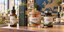 Natural product display in a European wellness shop featuring cannabinoid products labeled THCX, THCP, HHCP, and CBD, with an HHC bottle softly blurred in the background.