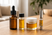 Four unbranded cannabinoid products arranged naturally for an HHCP, HHC, THCP and CBD comparison.