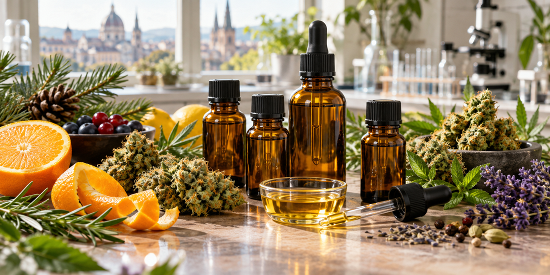 Premium cannabis terpene bottles displayed with cannabis flowers, citrus, berries, pine, lavender and herbs in a European laboratory.