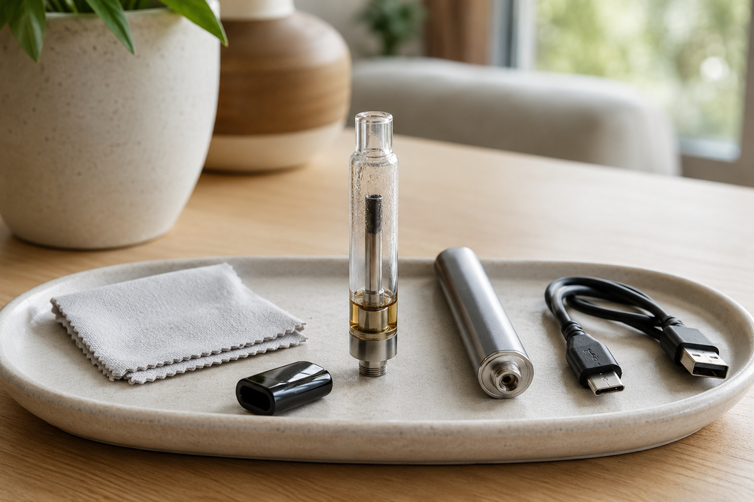Nearly empty THCX vape cartridge with a darkened coil, disconnected battery, mouthpiece and charging cable arranged for troubleshooting.
