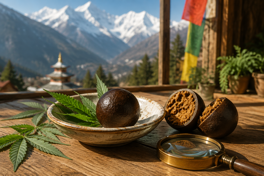 Whole and opened THCX Nepalese temple ball hash displayed with hemp leaves against a Himalayan mountain landscape.