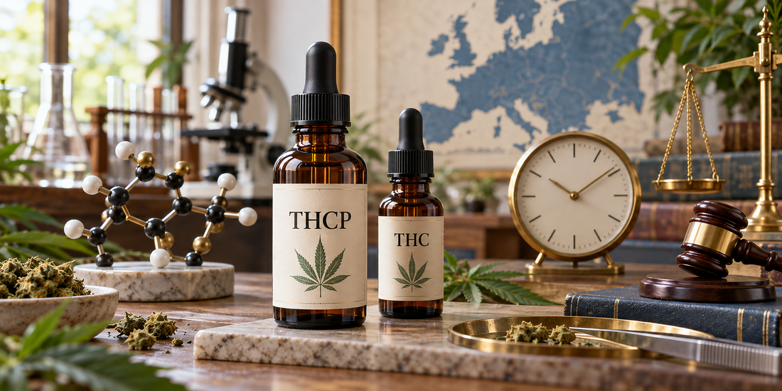 THCP and THC oil bottles displayed with a molecular model, laboratory equipment, analogue clock, European map, scales of justice and judge’s gavel, representing effects, potency, duration and legal status.