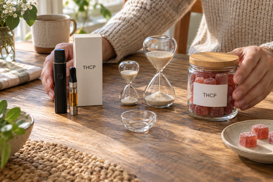 Hands compare a THCP vape and THCP gummies on a sunlit wooden table, with two hourglasses suggesting differences in onset and duration.