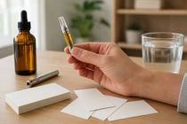 Adult examining an HHCP vape cartridge beside a battery, cannabinoid oil, water and blank FAQ cards.