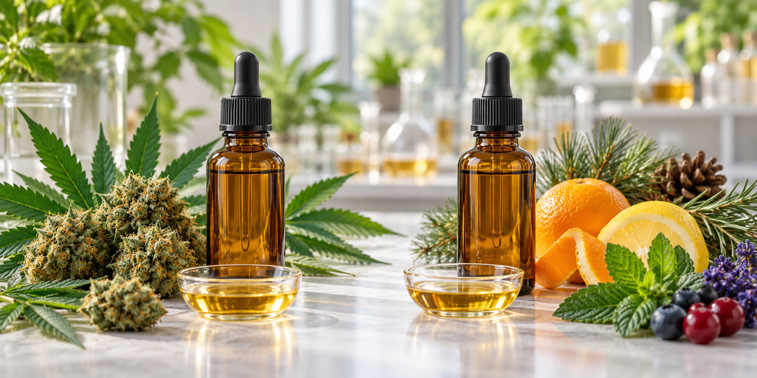 Cannabis-derived terpene bottle with cannabis flowers compared with botanical terpene bottle surrounded by citrus, pine, mint, berries and lavender.