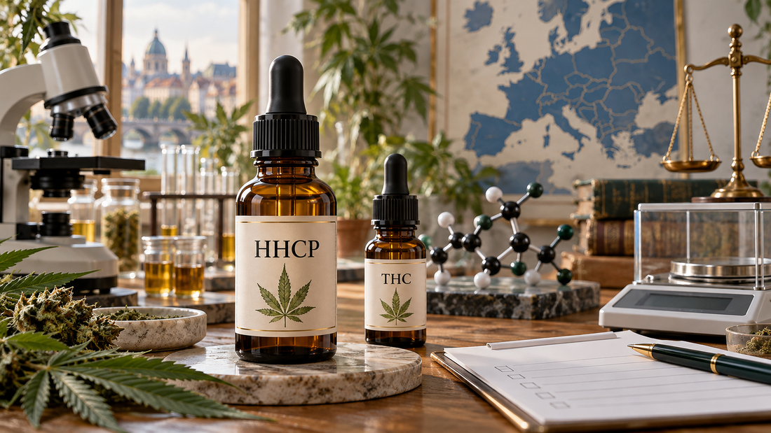 HHCP and THC oil bottles displayed with laboratory equipment, a molecular model, precision balance, quality-control sheet, European map and scales of justice.