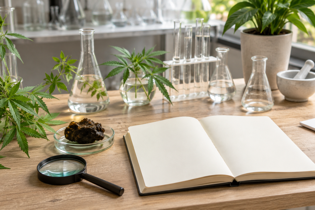 THCX hash specimen beside a magnifying glass, blank notebook and laboratory equipment on a natural research desk.