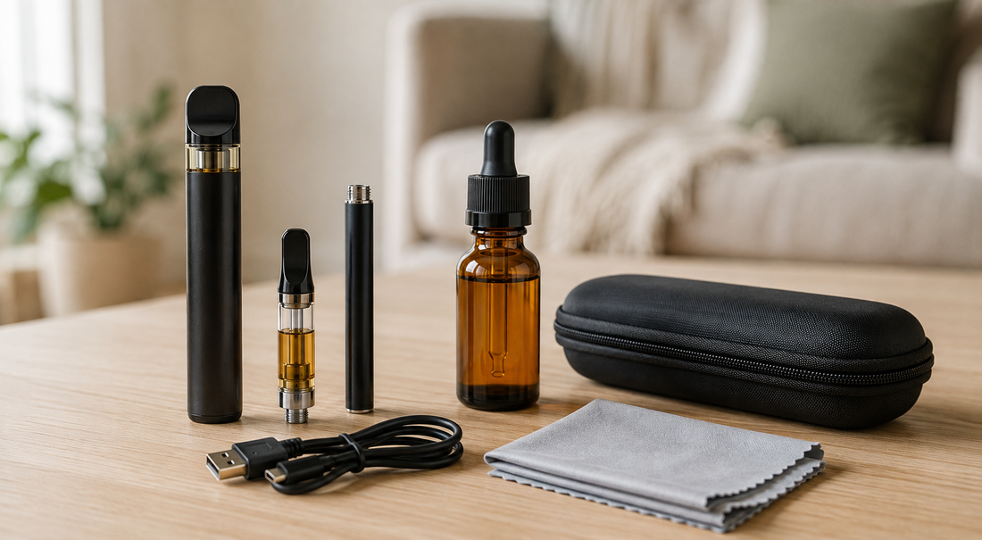 THCX disposable vape, cartridge, battery, e-liquid bottle, charging cable and storage case arranged for an FAQ guide.