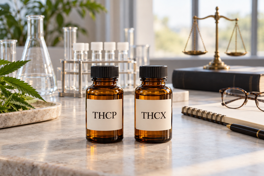 THCP and THCX amber bottles on a sunlit research desk beside laboratory glassware, a notebook and brass balance scales.