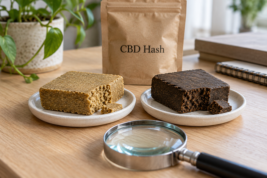 Blond and dark CBD hash blocks on matching ceramic dishes beside a magnifying glass, with a labelled pouch behind them.