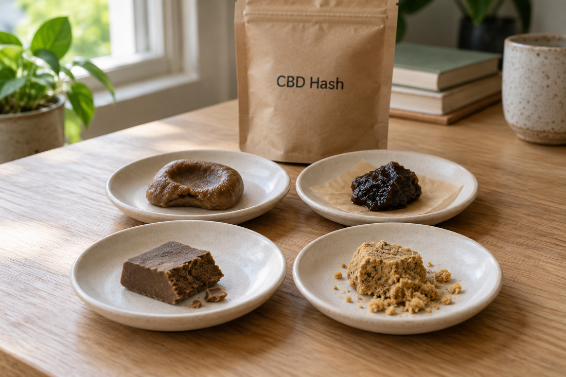 Soft, sticky, hard and crumbly CBD hash samples on four ceramic dishes, with a labelled kraft pouch on a naturally lit wooden table.
