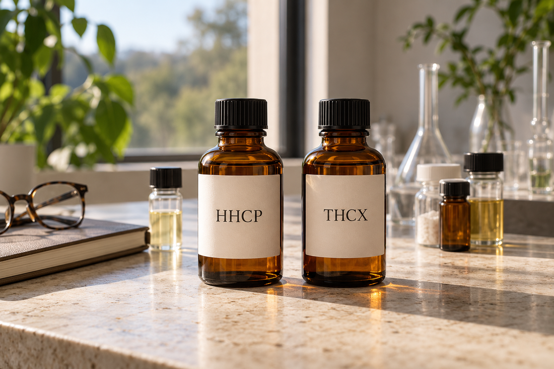 HHCP and THCX amber bottles side by side on a sunlit research desk, surrounded by sample vials, glassware and a notebook.