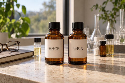HHCP and THCX amber bottles side by side on a sunlit research desk, surrounded by sample vials, glassware and a notebook.