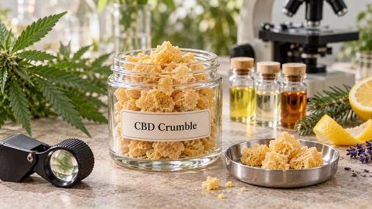 Golden CBD crumble in a labelled glass jar with cannabinoid samples, terpene-rich botanicals, a magnifying loupe and laboratory equipment for quality analysis.