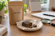 CBD hash block with a crumbly edge on a ceramic dish beside a labelled pouch, magnifying glass, notebook and blurred calendar.