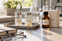 THCP and HHCP sample vials on a metal tray beside a THCX amber bottle and carton on a sunlit laboratory bench.             