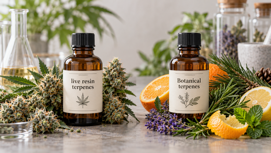 Live resin terpenes bottle surrounded by cannabis flowers compared with a botanical terpenes bottle displayed alongside citrus fruits, lavender, pine and mint.