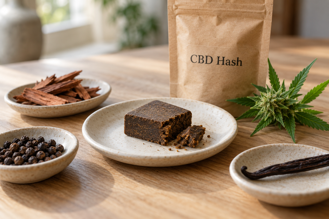 CBD hash beside a labelled pouch and hemp sprig, with separate dishes of bark, peppercorns and vanilla representing earthy, spicy and sweet aroma notes.