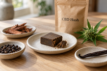CBD hash beside a labelled pouch and hemp sprig, with separate dishes of bark, peppercorns and vanilla representing earthy, spicy and sweet aroma notes.