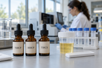 THCP, HHCP and THCX bottles beside a specimen cup and face-down drug test cassette, with a technician working in the laboratory behind.