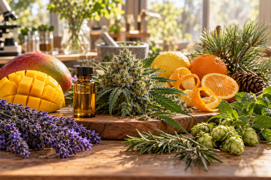 Trichome-rich cannabis flower surrounded by mango, citrus peel, pine needles, lavender, rosemary, mint and hops representing major cannabis terpenes.