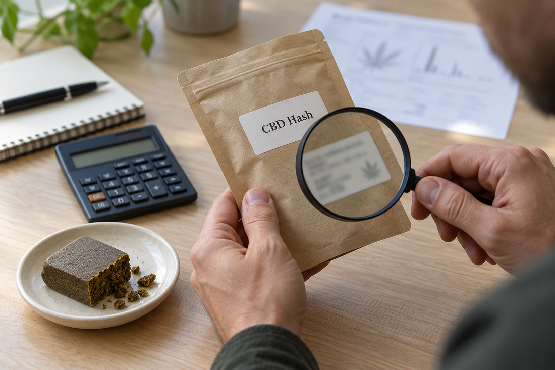 Hands examining a CBD hash pouch label with a magnifying glass beside a resin sample, calculator, notebook and blurred laboratory paperwork.