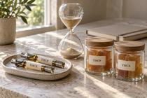 THCP and THCX vape cartridges beside matching jars of edibles and a glass hourglass on a sunlit stone tabletop.