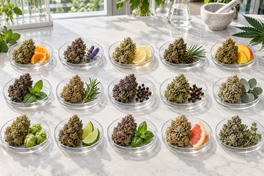 Fifteen distinct cannabis flower samples arranged with citrus, lavender, pine, mango, mint, pepper, cloves, hops and other dominant terpene sources.
