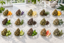 Fifteen distinct cannabis flower samples arranged with citrus, lavender, pine, mango, mint, pepper, cloves, hops and other dominant terpene sources.