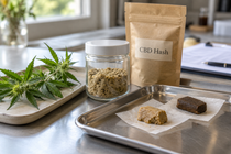 Illustrative hemp-to-product scene showing hemp sprigs, a jar of resin granules, finished CBD hash samples and a labelled pouch on an inspection table.