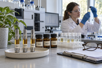 THCP, HHCP and THCX vape cartridges beside matching sample bottles, laboratory vials and paperwork, with an analyst inspecting a sample behind.