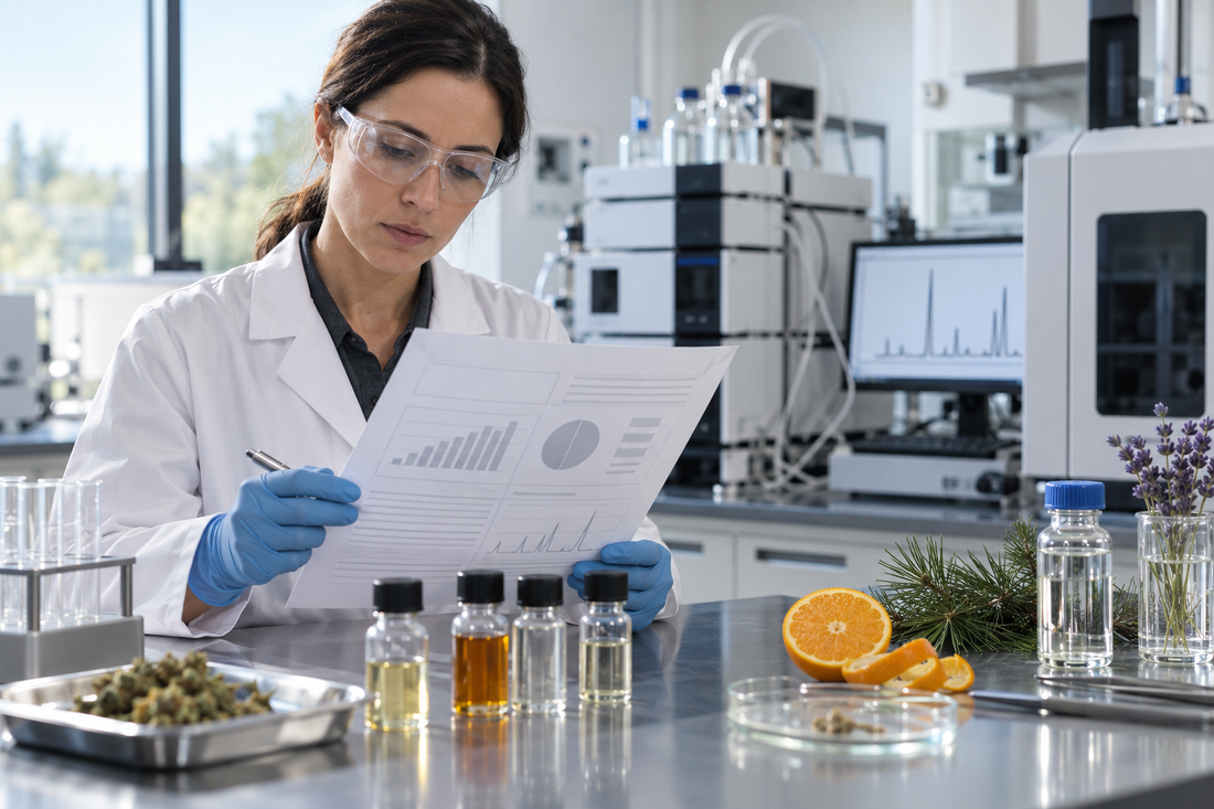Laboratory scientist reviewing a cannabinoid COA beside cannabinoid samples, chromatography equipment, terpene botanicals and contaminant-testing materials.