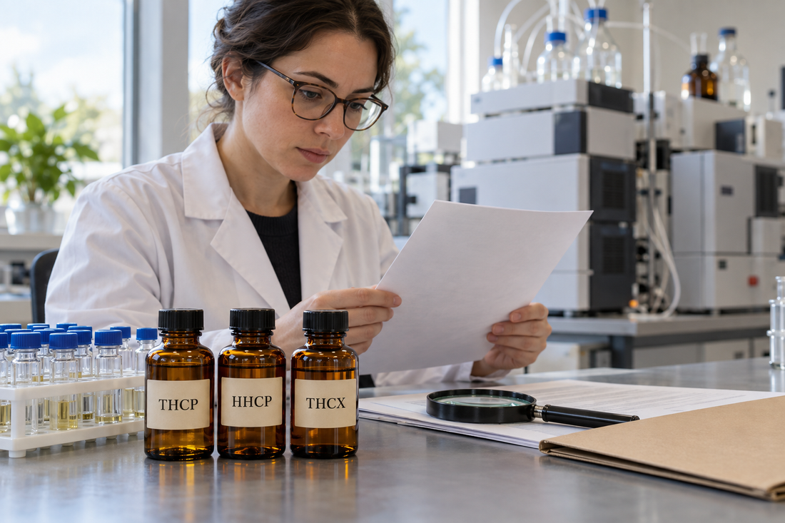 Laboratory analyst reviewing paperwork beside bottles labelled THCP, HHCP and THCX, sample vials and a magnifying glass.