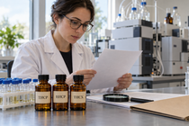 Laboratory analyst reviewing paperwork beside bottles labelled THCP, HHCP and THCX, sample vials and a magnifying glass.